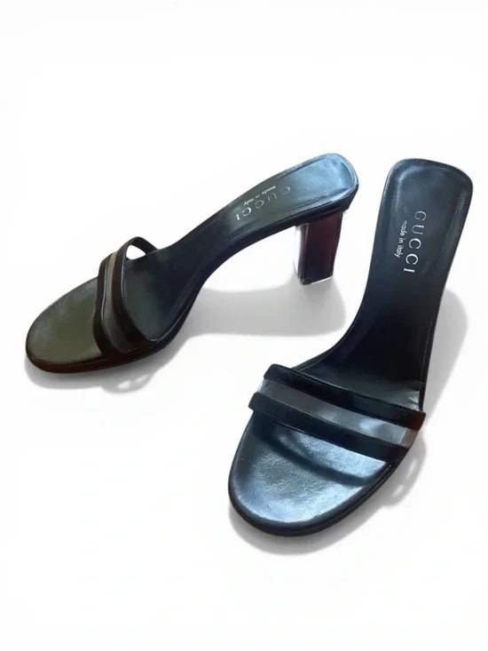 Auth Gucci black Leather Clear Mules block heel lucite vintage sandal 7.5 - Picture 1 of 8